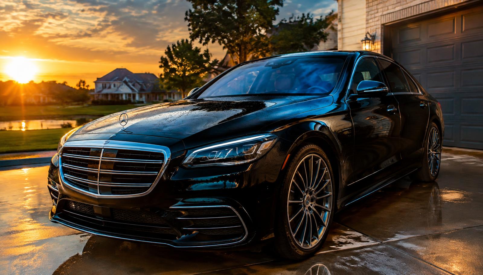Freshly detailed black sedan in a driveway